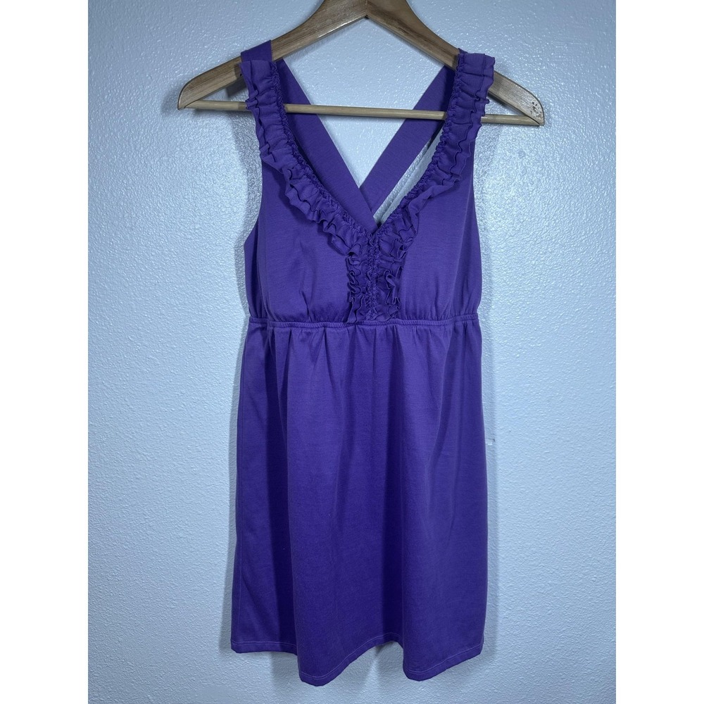 Belle du Jour Top Womens Medium‎ Purple Ruffle Cross Back Empire Waist Tunic